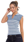WT353 Women's T-Shirt Polo Collar Striped Knitwear