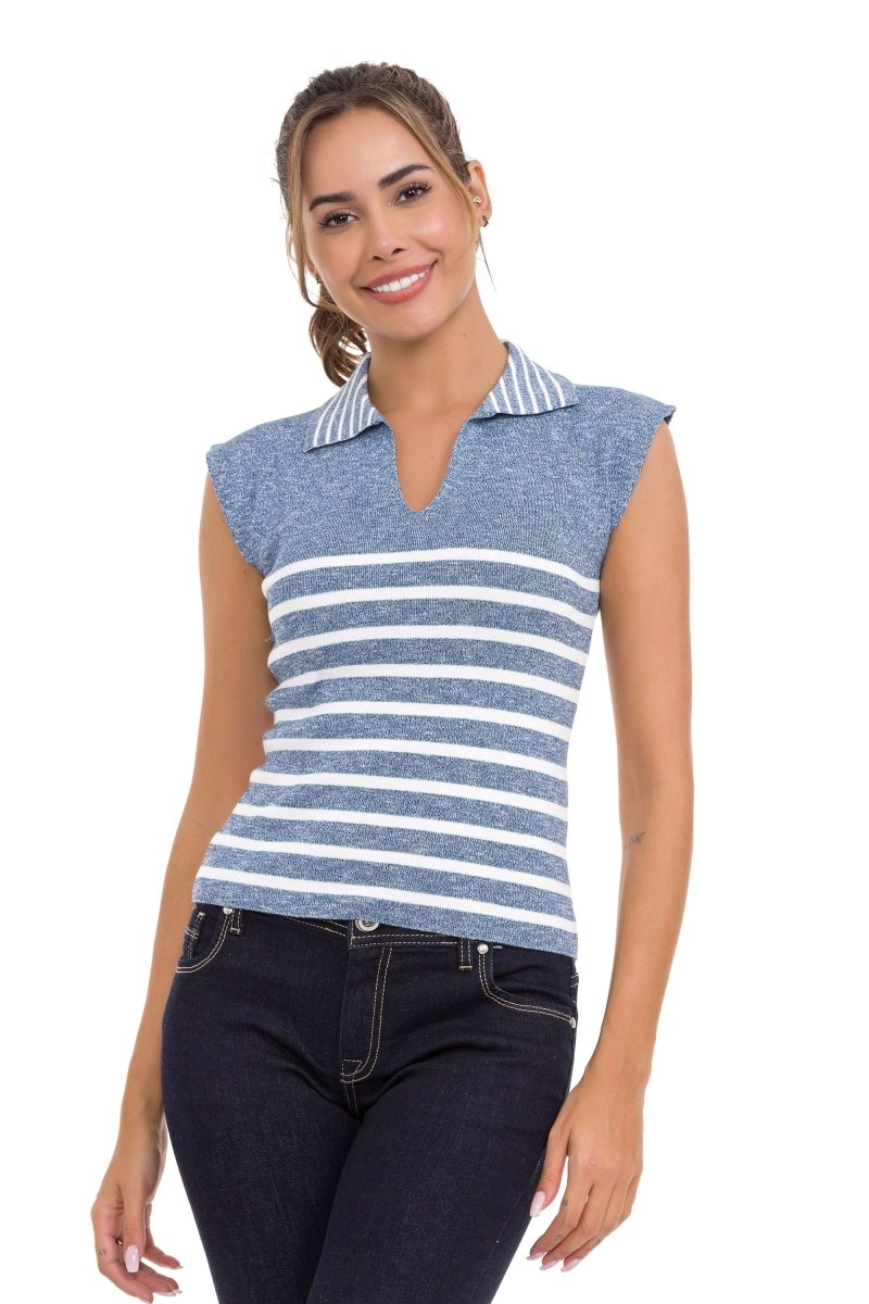 WT353 Women's T-Shirt Polo Collar Striped Knitwear