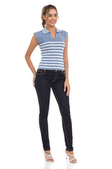 WT353 Women's T-Shirt Polo Collar Striped Knitwear