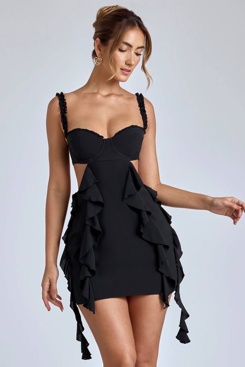 WY168 Summery mini dress with ruffles and deep neckline