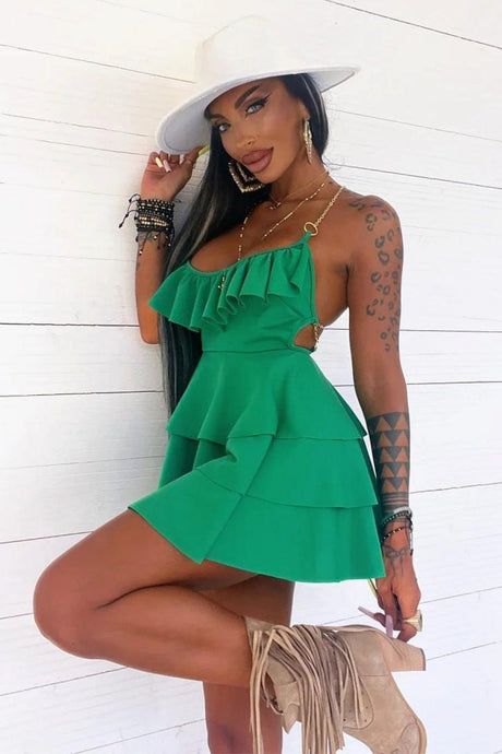 WY172 short flounced dress in leopard print with chain straps
