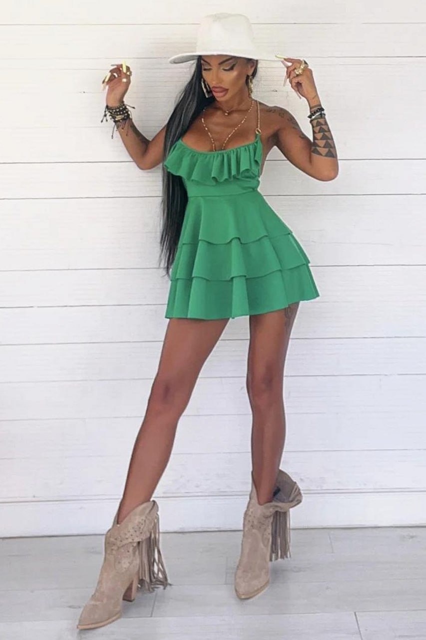 WY172 short flounced dress in leopard print with chain straps